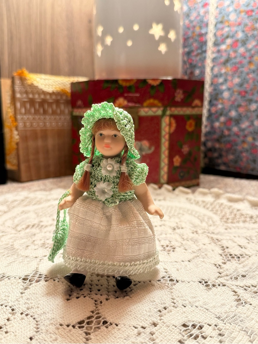 Vintage Miniature Jointed Porcelain Doll in Mint Green & White Crocheted Attire